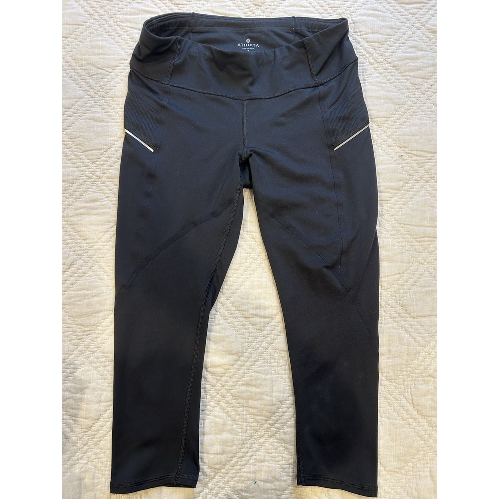 Athleta Stride‎ Cropped Capri Black Leggings Size Small Reflective Zip Pocket